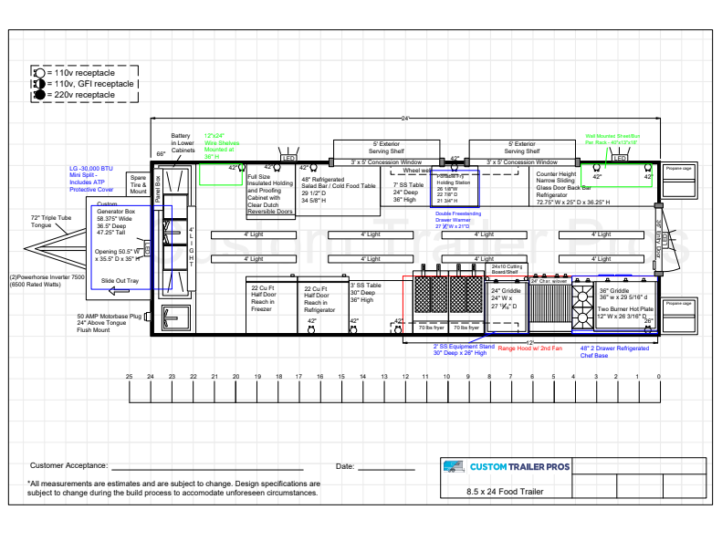 Example Custom Trailer Pros floor plan for an 8.5 by 24 food trailer